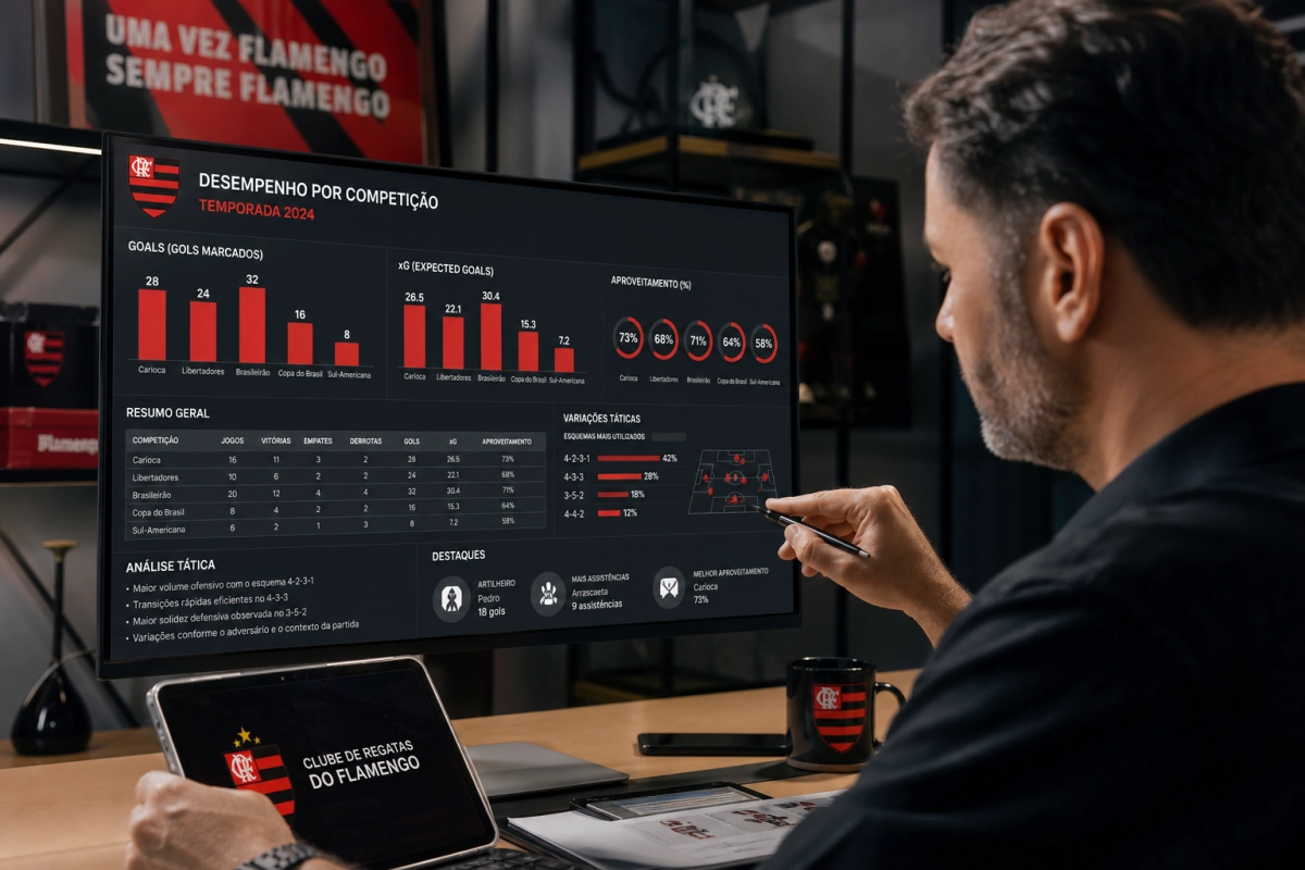 Análise detalhada dos resultados do Flamengo por competição: gols, xG, aproveitamento e variações táticas